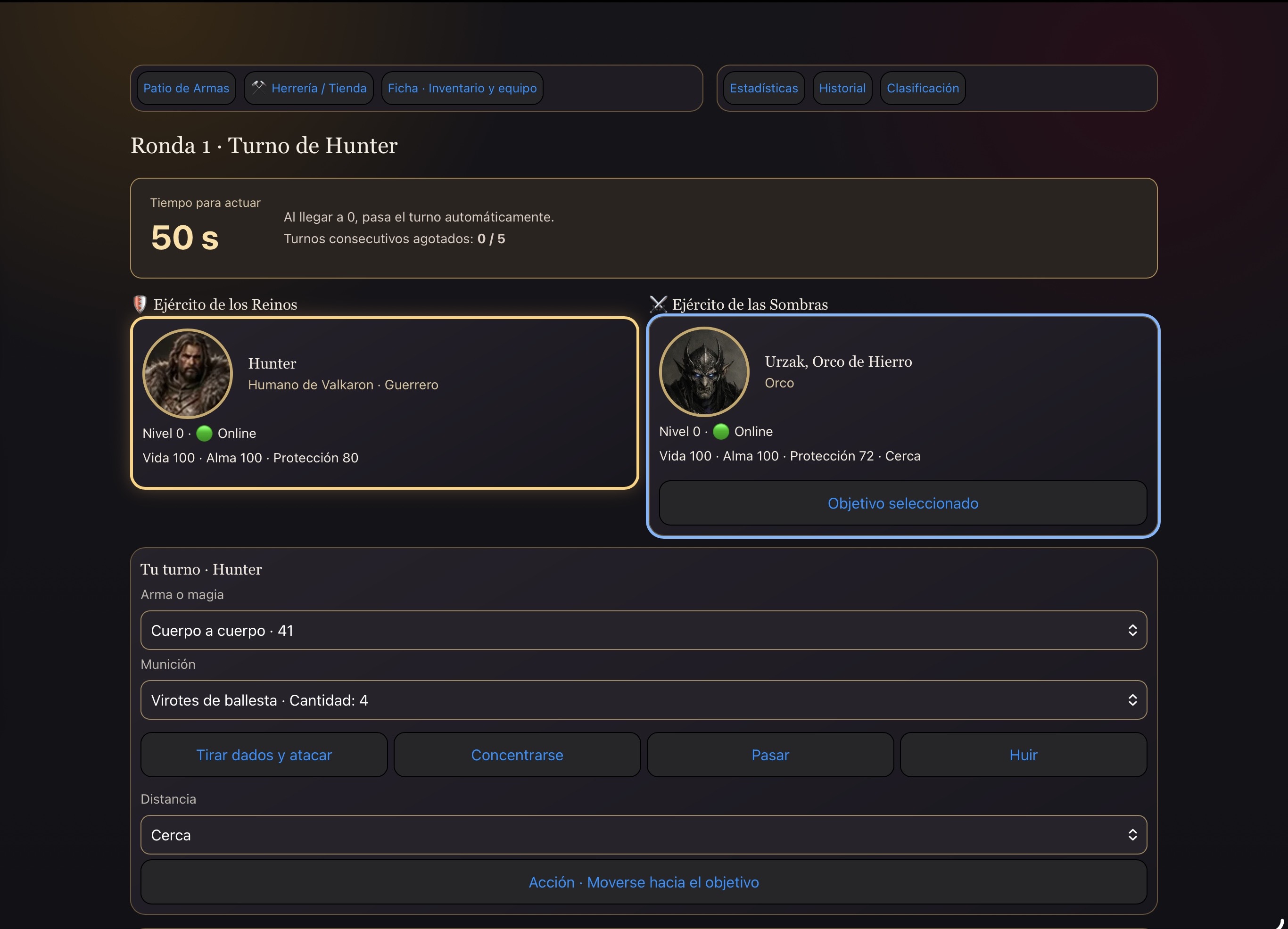 Combate por turnos de Hunter contra Urzak, con tiempo para actuar y acciones disponibles